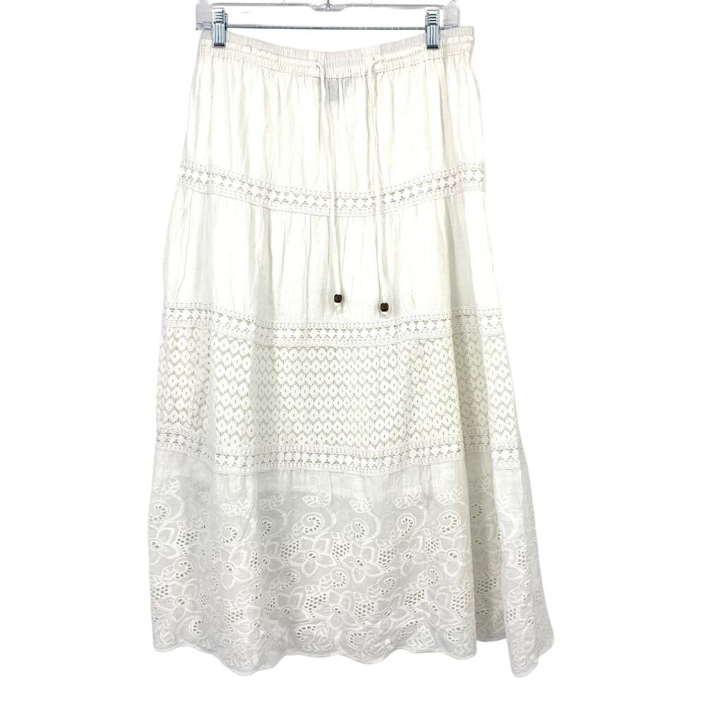 Nation AK Outfits Maxi Skirt Womens Sz XL White Boho Tiered Mixed Media Detail
